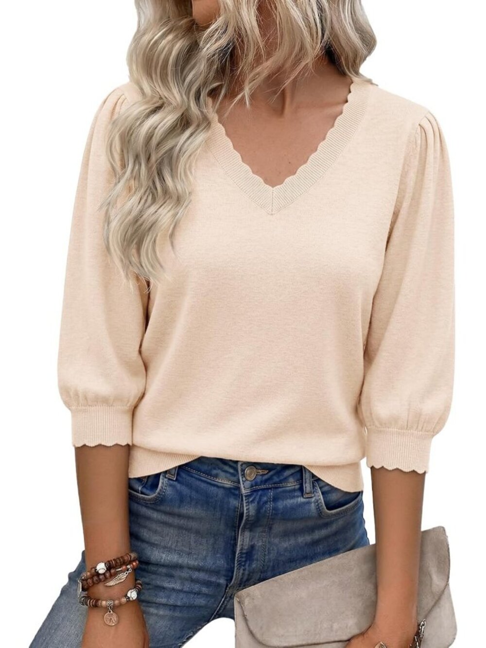 Chic Women's 3/4 Puff Sleeve Sweater | Casual V-Neck Knit Pullover Top
